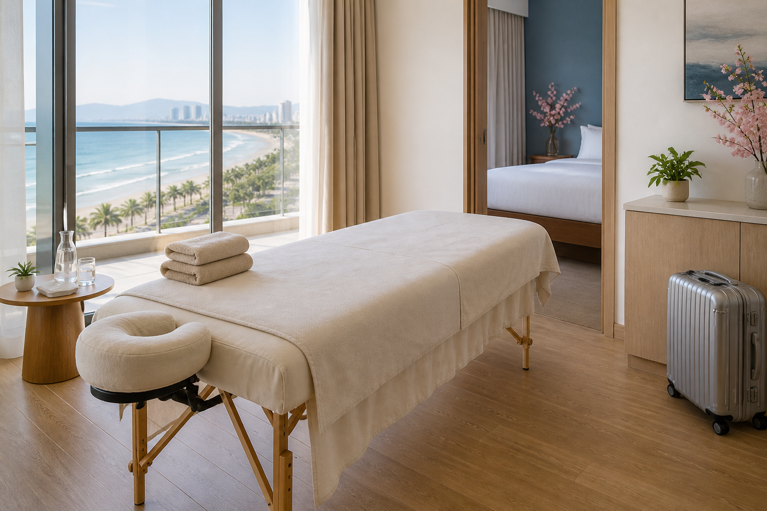 A clean hotel room in Da Nang with a portable massage table, towels and a clear walkway